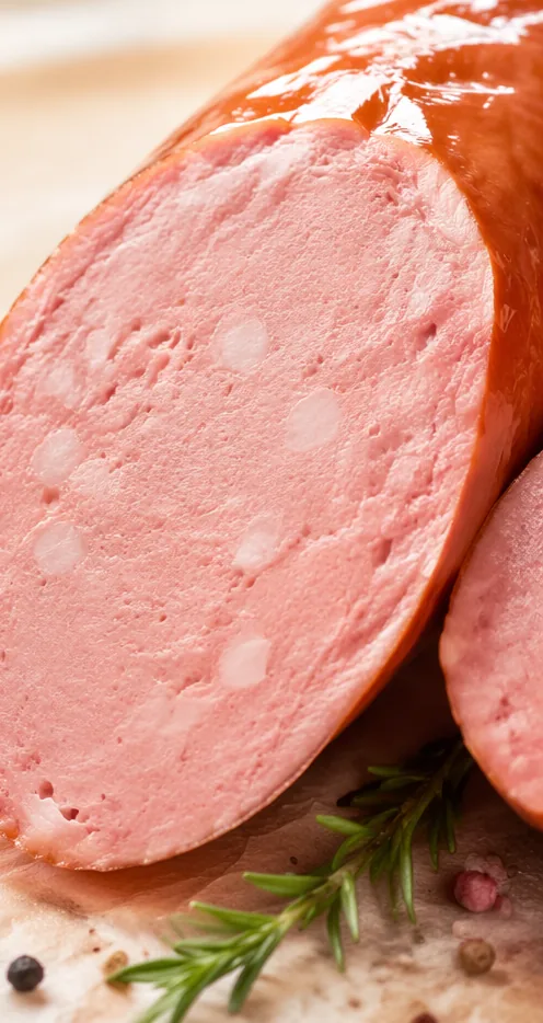 Cut face of a cooked emulsion sausage, showing the even, cohesive bind processors aim for