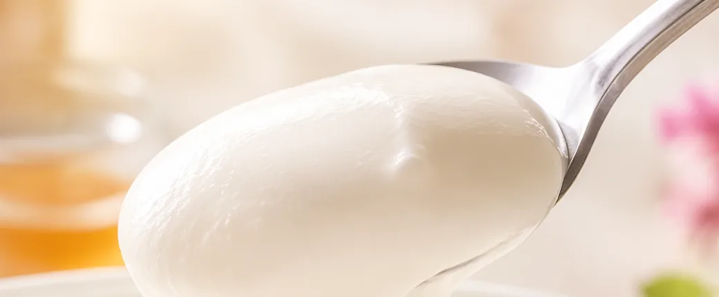 Thick set yogurt lifted on a spoon, the spoonable body that protein cross-linking supports